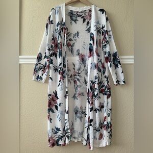 J. Jill Linen Longline Open Front Loose Knit Cardigan Coastal White Floral Large